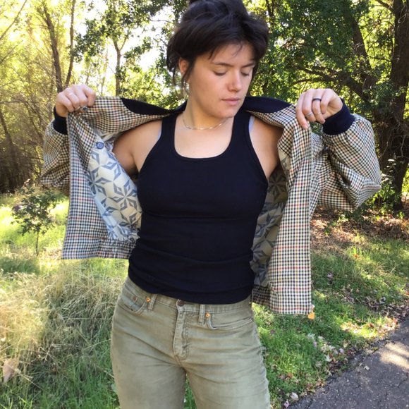 men’s plaid bomber harrington jacket L academia golf retro zippered lined tan - Picture 3 of 13